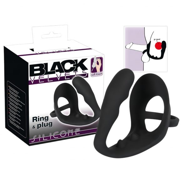 You2Toys Black Velvet Ring&Plug - krúžok na penis a semenníky s análnym dildom (čierny)