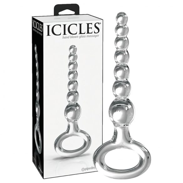 Icicles No. 67 - skleněné dildo s kuličkami a úchytovým kroužkem (průhledné)