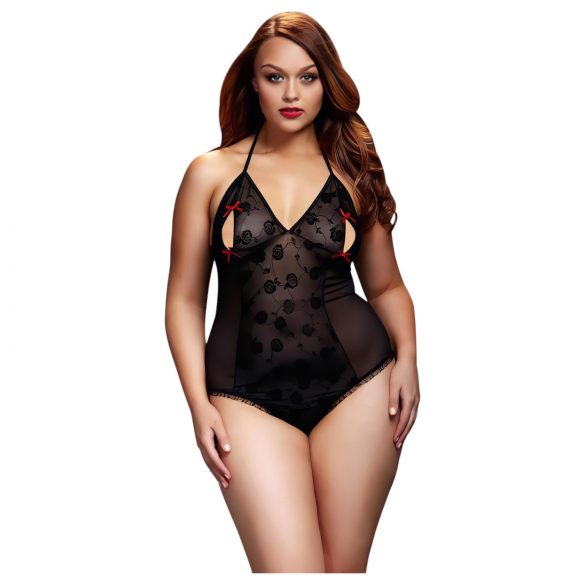 BACI Plus Size - průhledné body s ramínkem kolem krku - černé (XL-XXL)